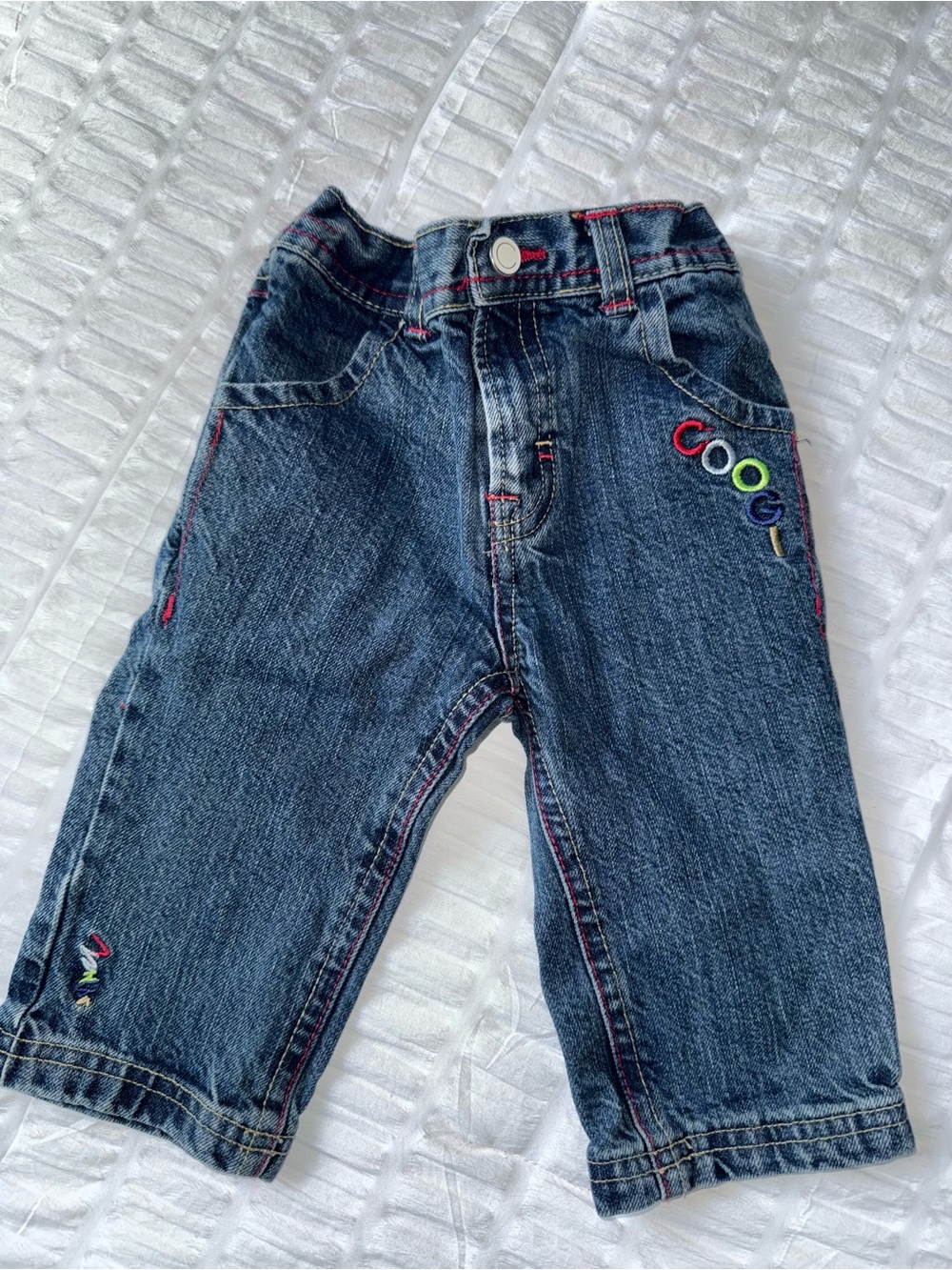 Baby Boys COOGI Jeans 12M Dark Blue Denim with Colorful Stitching !